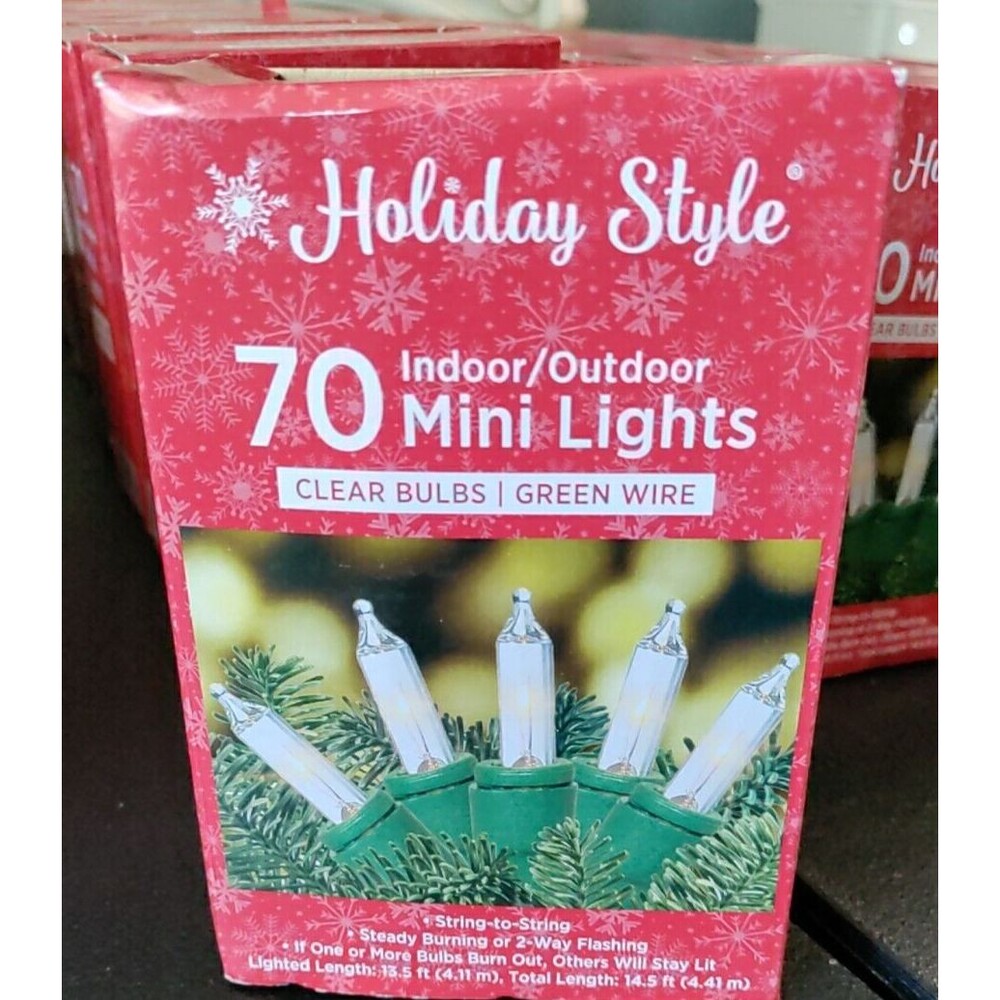 HOLIDAY STYLE: UL: (70) INDOOR: OUTDOOR: MINI LIGHTS: CLEAR BULBS: 14.5" FT: NEW
